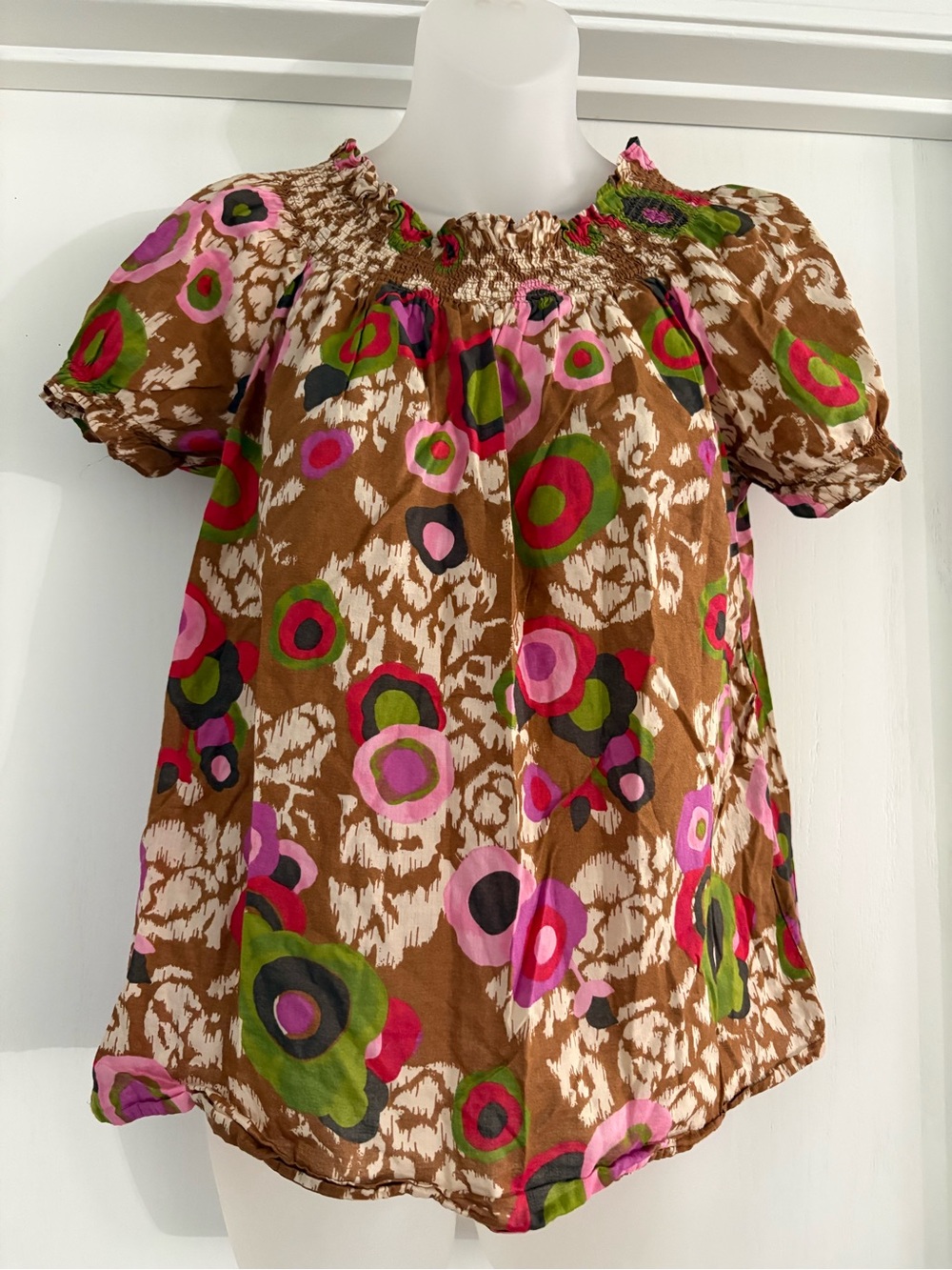 Massimo Cotton Brown Floral Bubble Top with Pink & Green Circles Size M